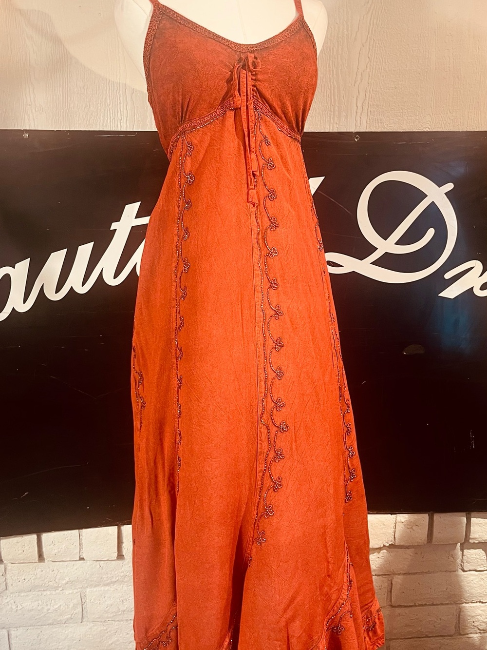 Rust Red Women's Slip Dress with Decorative Stitching